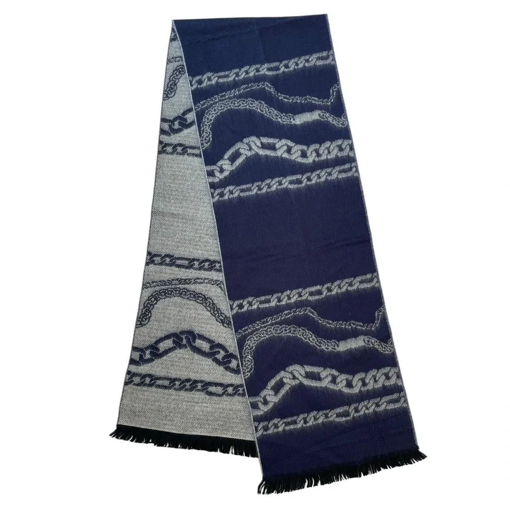 Preppy‎ Coastal Knit Scarf Blue Gray Nautical Chain Reversible Knit Classic Chic